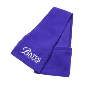 A purple towel with bates college on it.