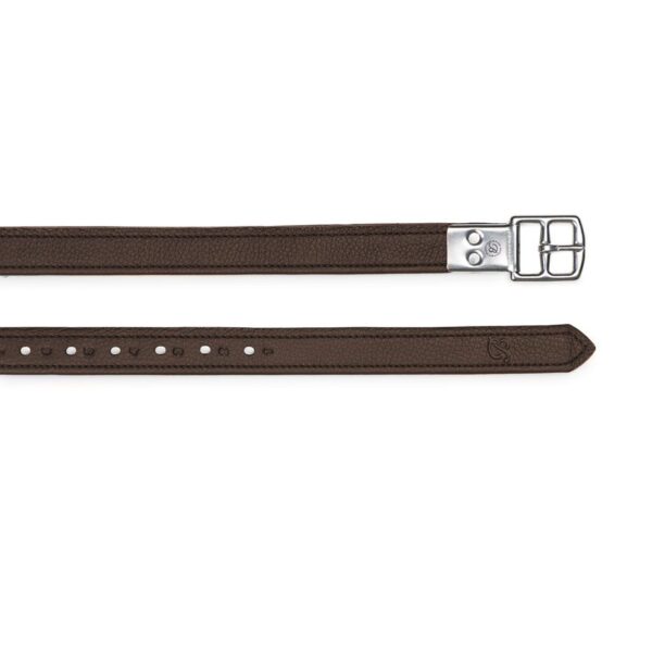 A brown leather belt with silver buckle and strap.