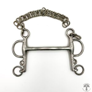 A metal horse bit with chain hanging from it.