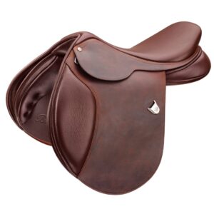 A brown saddle with white trim and silver heart on the side.