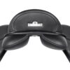 A close up of the back rest on a black motorcycle