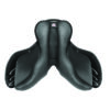 A black saddle with two hands on it.