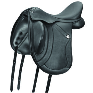 A black saddle with two metal bars on the side of it.