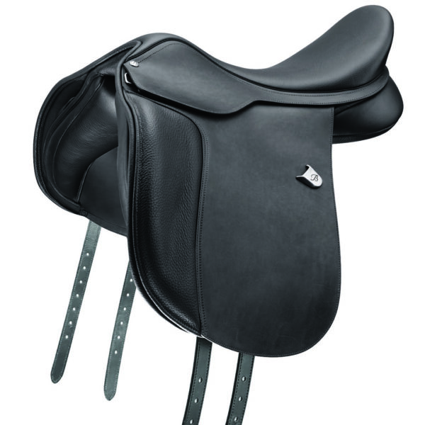 A black saddle with metal bars on the bottom of it.
