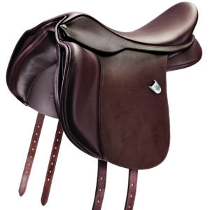 A brown saddle with two metal bars on the side of it.
