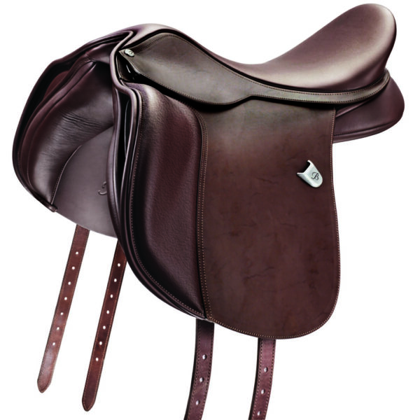 A brown saddle with two metal bars on the side of it.