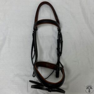 A brown leather bridle with black accents on the side.