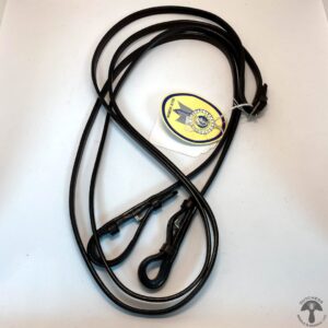 A black leash with two metal clips on it.