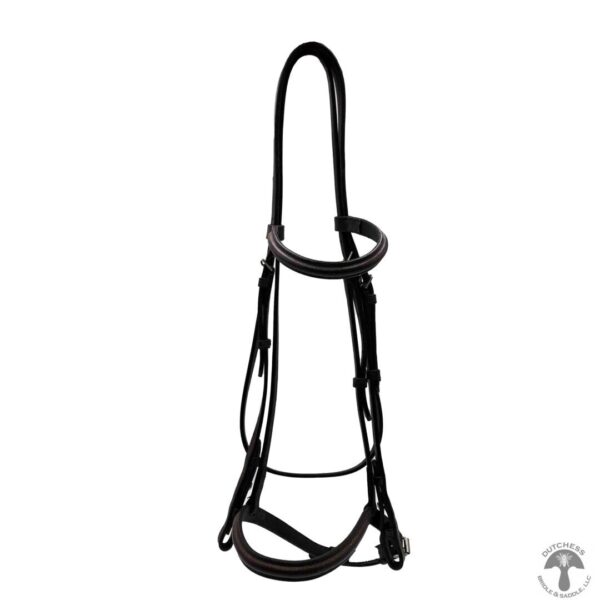 A black bridle with a white horse on it's back.