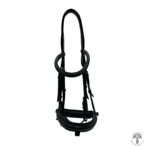 A black leather bridle with white trim.