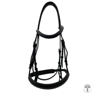 A black bridle with a white horse on it's back.