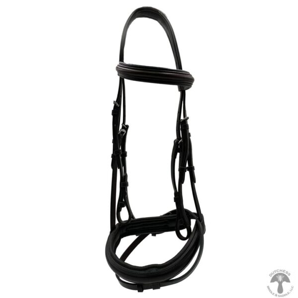 A black bridle with a white horse on it's side.