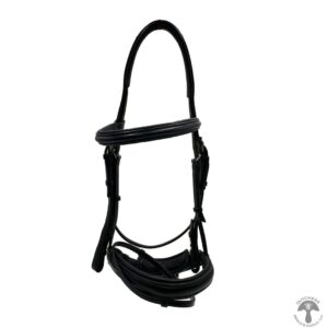 A black leather bridle with white trim.