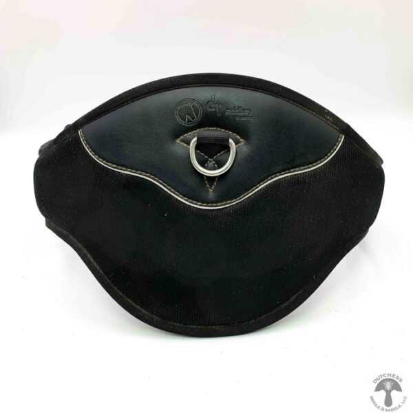 A black purse with a ring on the front of it.