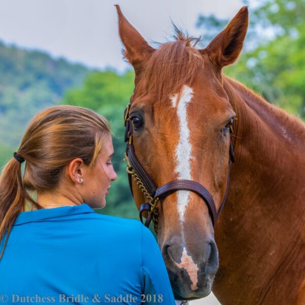 A woman standing next to a horse in the grass.