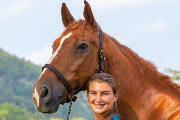 A woman standing next to a horse on top of a hill.