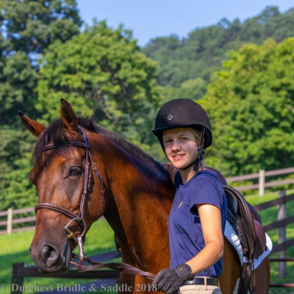 A woman standing next to her horse in the sun.