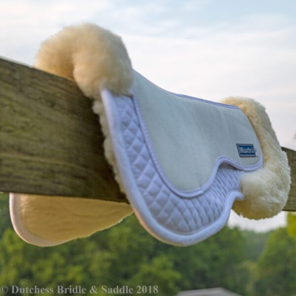 A close up of the saddle pad on a horse.