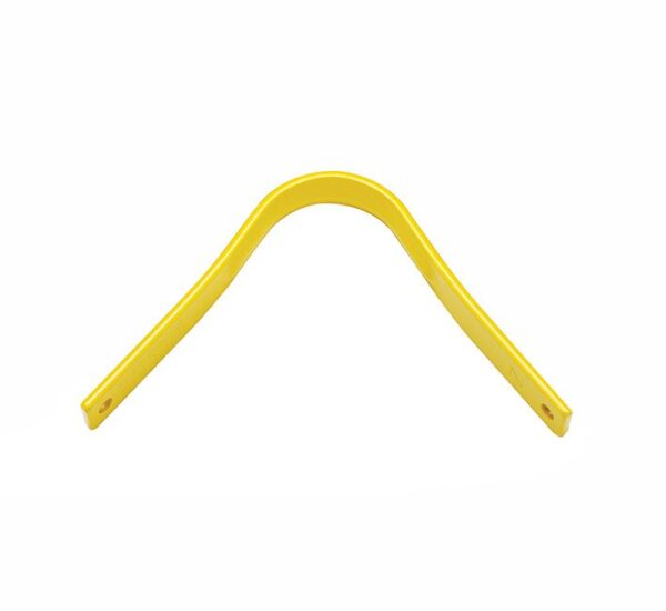 A yellow plastic handle is bent to make it look like a boomerang.