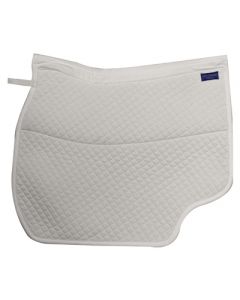 A white saddle pad with a blue trim.