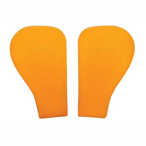 A pair of orange foot pads for a shoe.