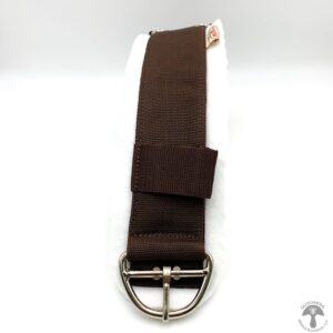 A brown belt with a silver buckle and white strap.