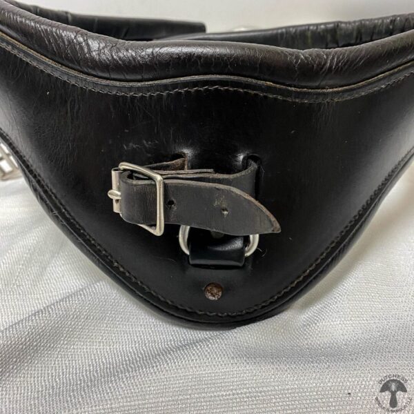 A close up of the buckle on a black leather purse