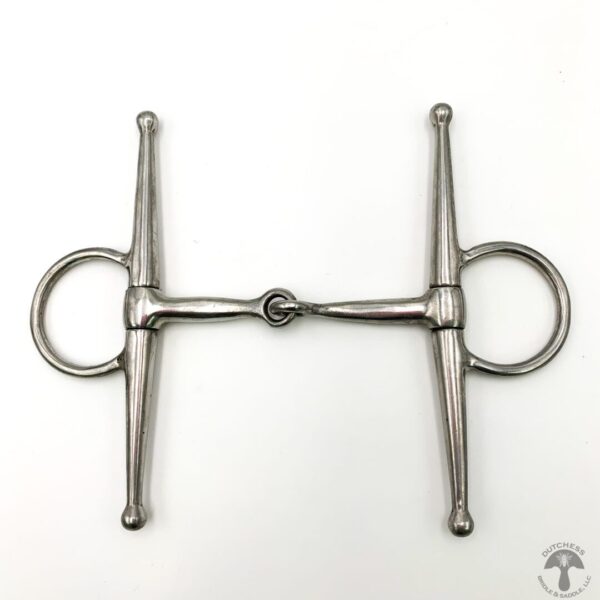 A metal horse bit with two rings on the end.