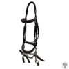 A black bridle and reins are on the ground.