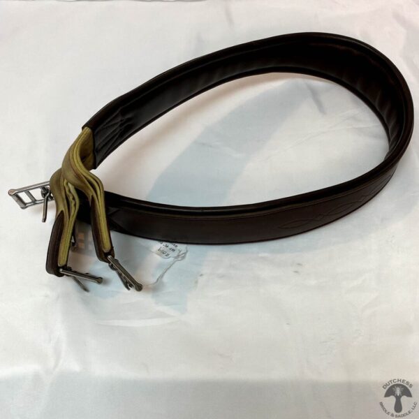 A brown leather belt with metal clasps on top of white paper.