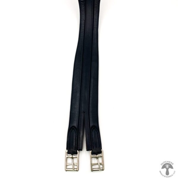 A pair of black leather straps with silver buckles.