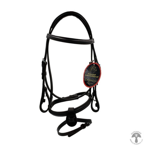 A black bridle with a red tag on it.