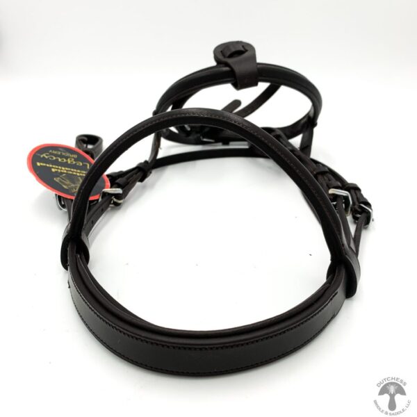 A black leather dog collar with a leash attached.