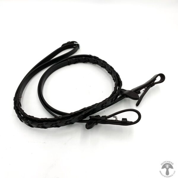 A black leather leash with a metal clip.