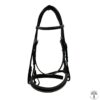 A black bridle with a white background