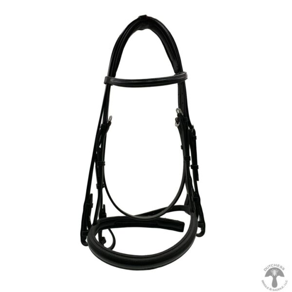 A black bridle with a white background