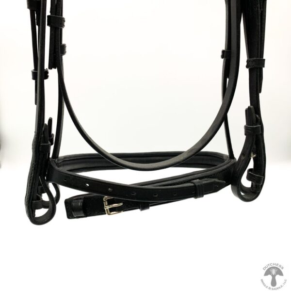 A close up of the bridle and reins on a horse