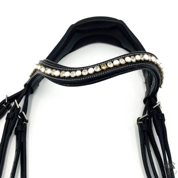 A black and white horse 's bridle with pearls.