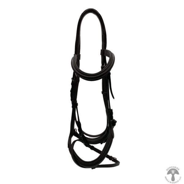 A black bridle with a bit on it