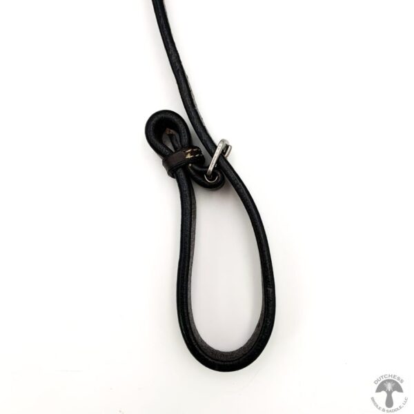 A black leather cord with a metal clasp.