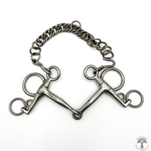 A pair of metal horse bit with chain.