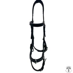 A black leather bridle with metal hardware.