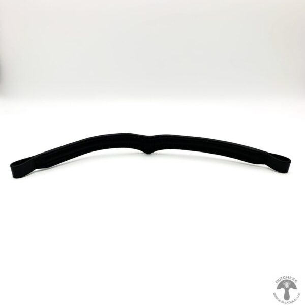 A black curved strip of rubber on top of a white table.