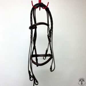 A black bridle hanging on the wall