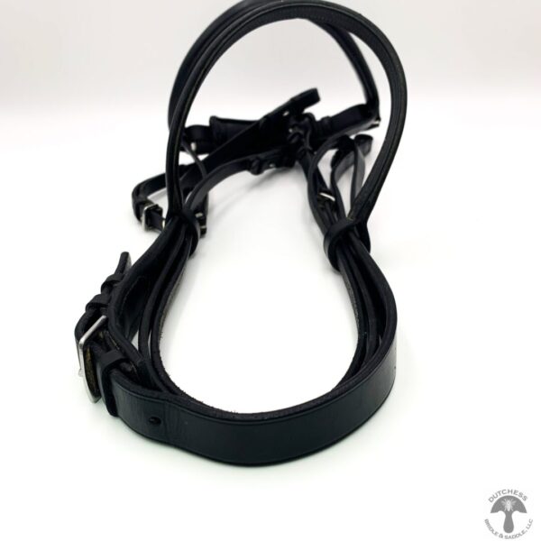 A black leather harness with two metal buckles.