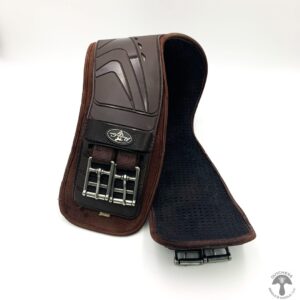 A brown leather case with a phone inside of it.