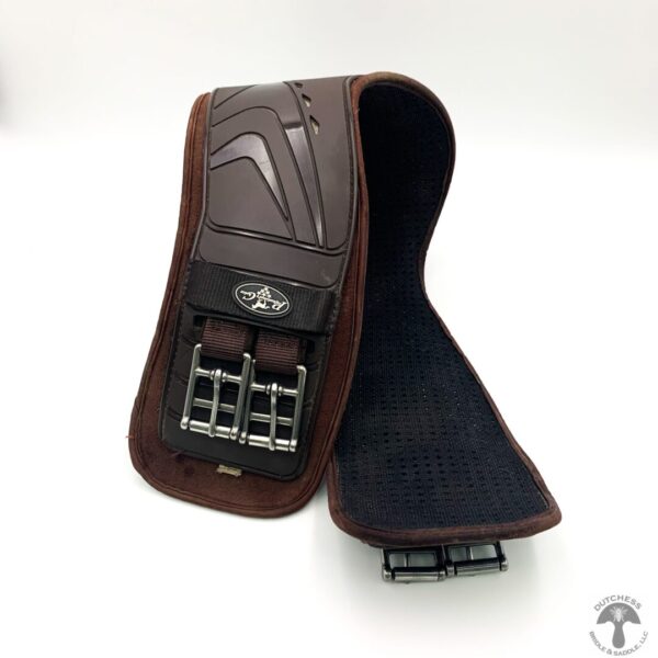 A brown leather case with a phone inside of it.