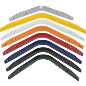 A group of different colored handles for a lawn mower.