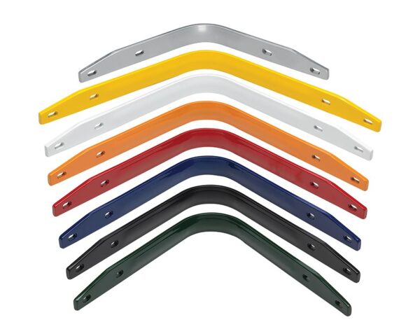 A group of different colored handles for a lawn mower.