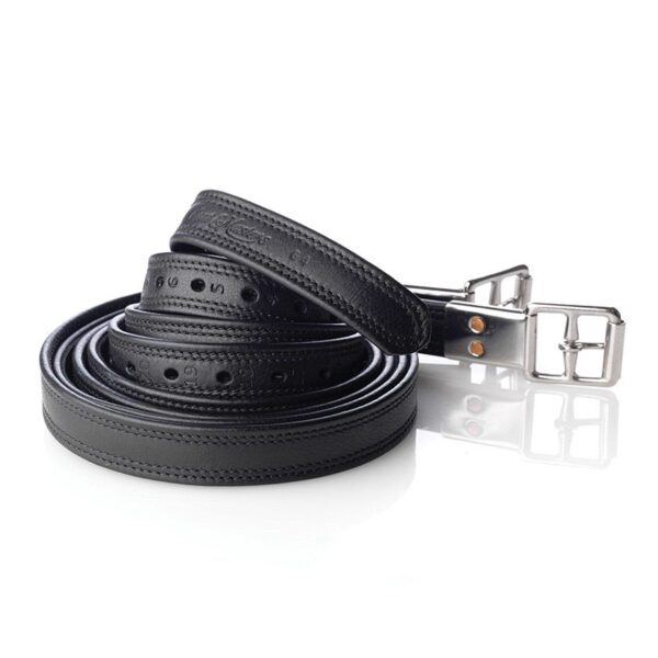 A pair of black leather horse reins laying on top of each other.